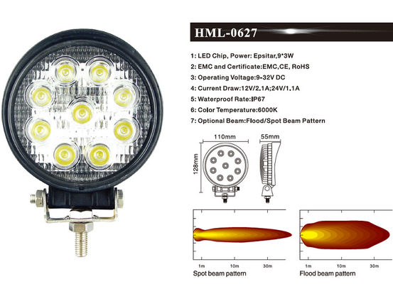 2160lm گرد LED کار چراغ سیلاب 27W صنعت معدن روشنایی آفرود